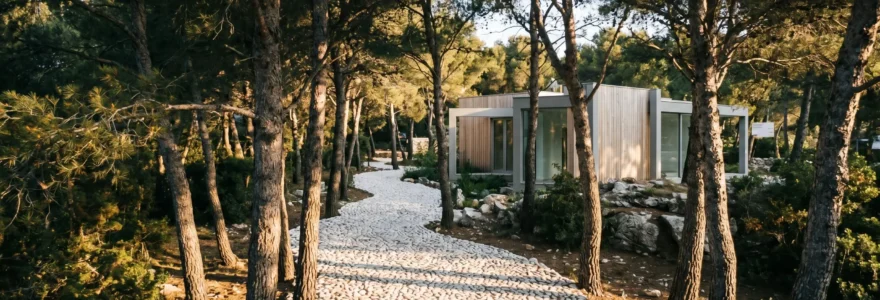 Forêt de pins méditerranéens traversée par un chemin de galets blancs sous lumière matinale dorée, avec architecture moderne épurée en arrière-plan
