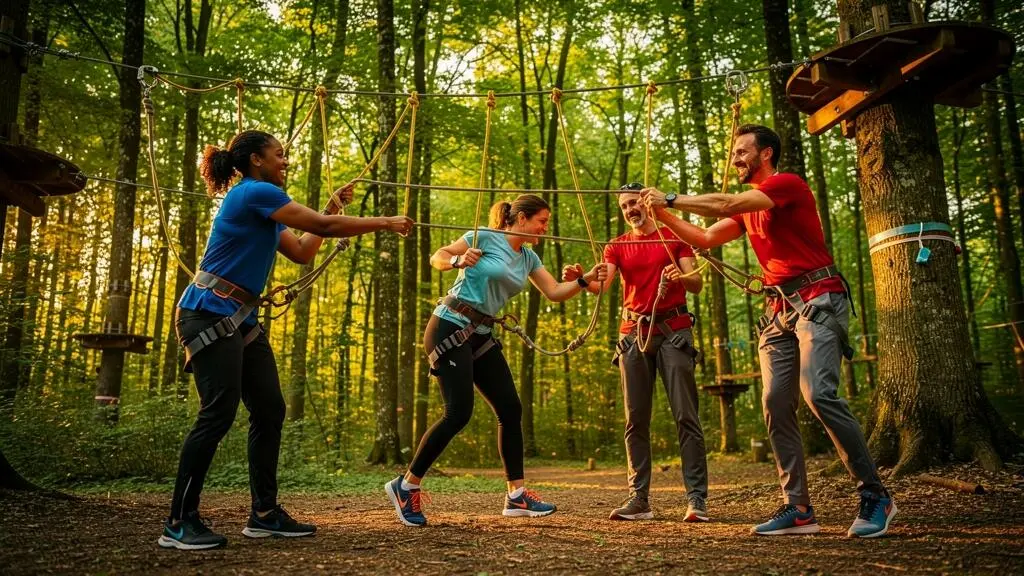 Équipe de professionnels réalisant une activité physique collaborative en extérieur avec système de cordes dans un cadre naturel lors d'un team building