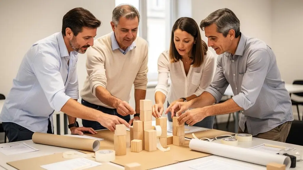 Équipe de professionnels concentrés sur une activité de réflexion collaborative manipulant des matériaux de construction lors d'un atelier de team building