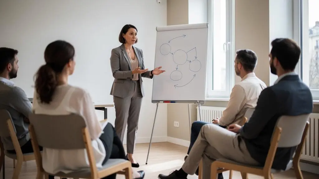 Facilitatrice professionnelle animant une session de débriefing structuré avec une équipe après une activité de team building dans une salle de séminaire