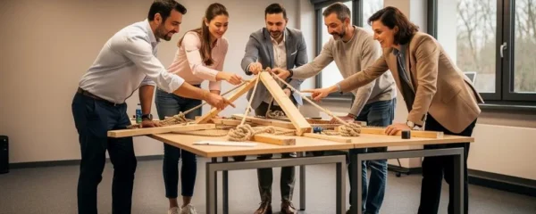 Groupe de professionnels collaborant activement autour d'une activité de construction collective lors d'une session de team building en entreprise
