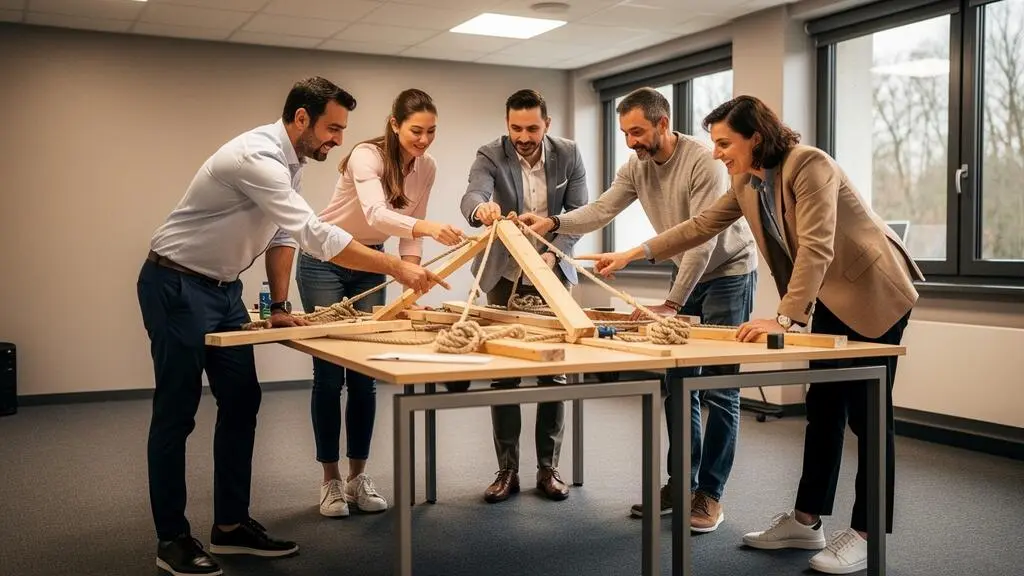 Groupe de professionnels collaborant activement autour d'une activité de construction collective lors d'une session de team building en entreprise