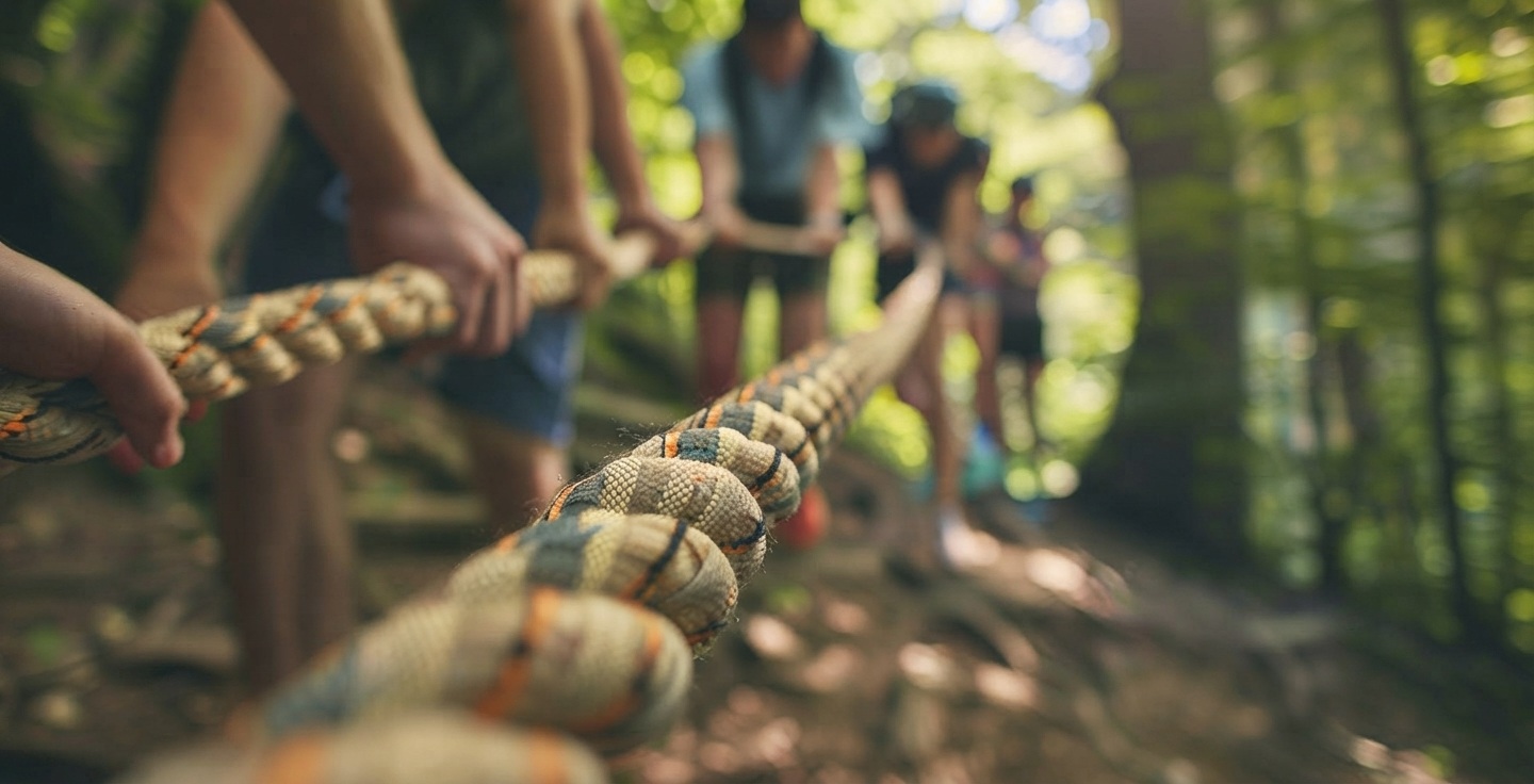 Équipe de professionnels réalisant une activité physique collaborative en extérieur avec système de cordes dans un cadre naturel lors d'un team building